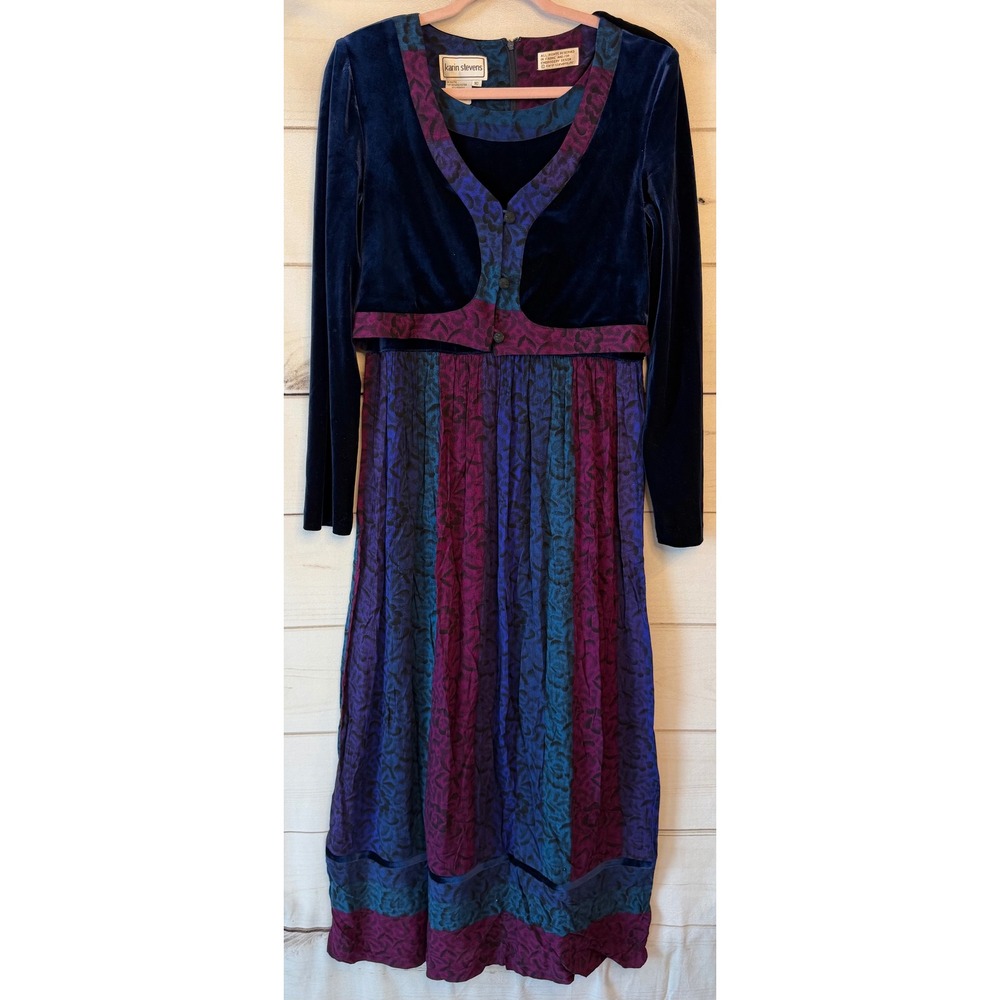 Karin Stevens Vintage 90s Velvet Mixed Media Pleated Midi Dress Navy Purple 10